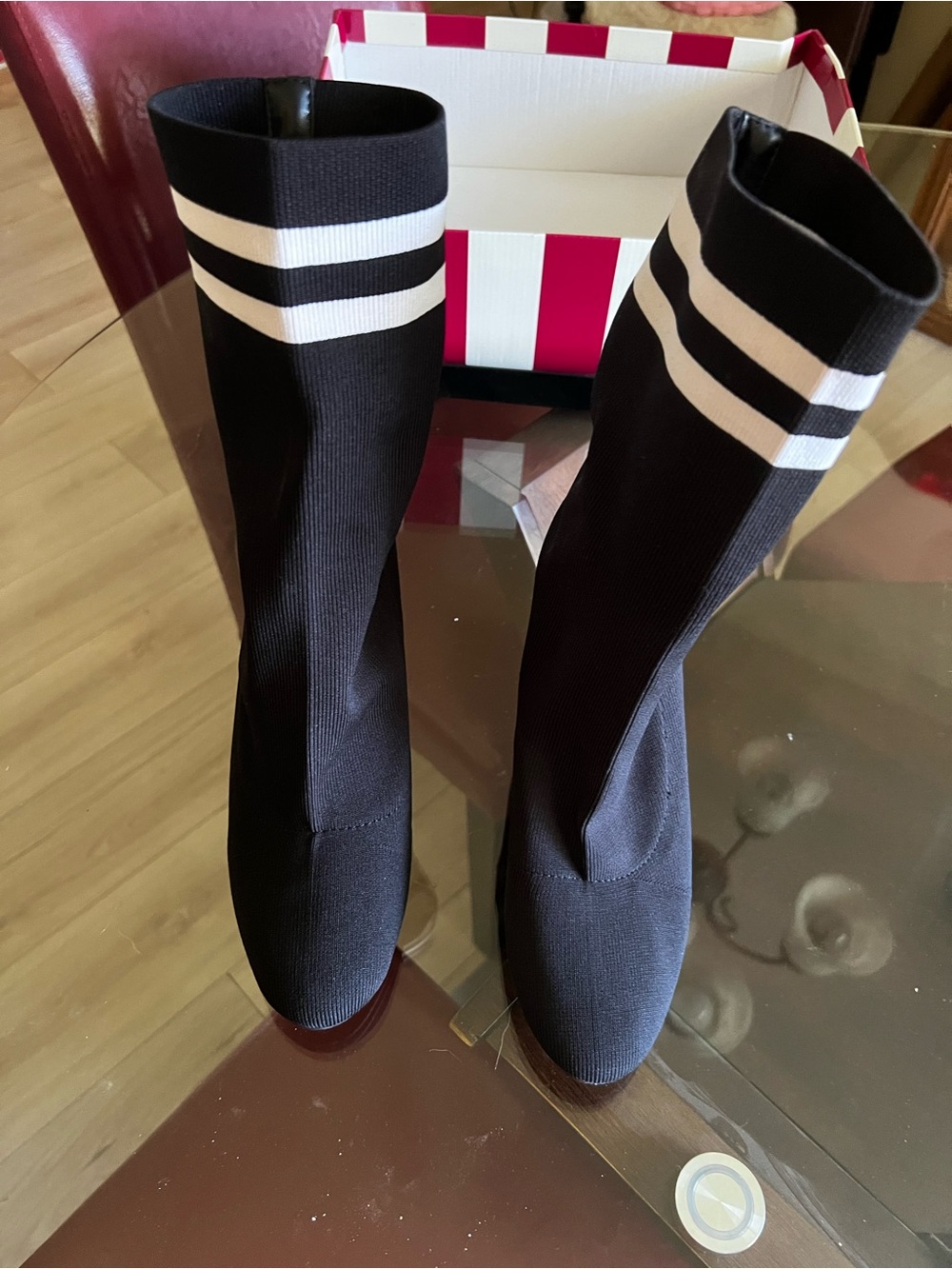 Circus by Sam Edelman Black Knit Sock Boots with White Stripe Accents - Picture 2 of 4